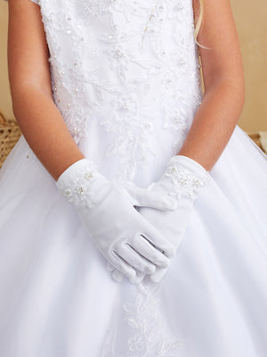 Liliana Matte Satin Gloves with Pearl & Lace Embroidery – White