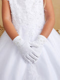 Liliana Matte Satin Gloves with Pearl & Lace Embroidery – White