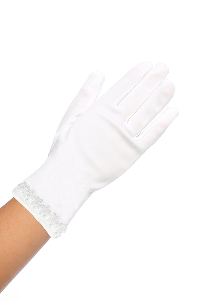 Girls White Communion Gloves Pearl Trim Satin