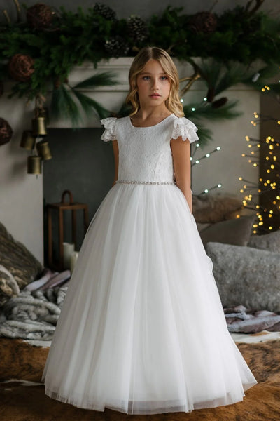 Girls Off-White Lace Communion Dress with Beaded Waist & Bow Back Off White / 7.5