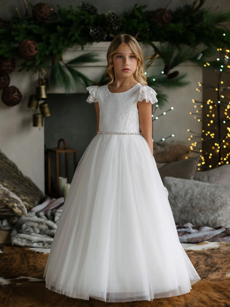Girls First Holy Communion Dress - Princess Lace Off Shoulder Flower Girl Dress With Bows & Short Sleeves