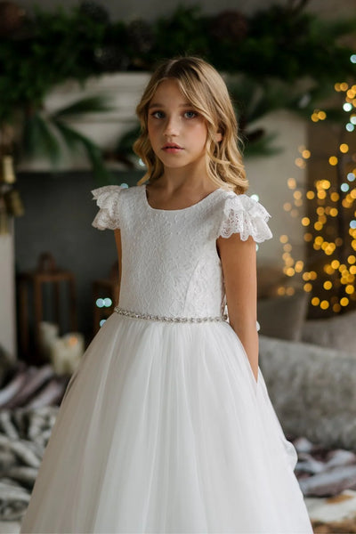 Girls Off-White Lace Communion Dress with Beaded Waist & Bow Back Off White / 7.5