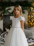 Girls Off-White Lace Communion Dress with Beaded Waist & Bow Back