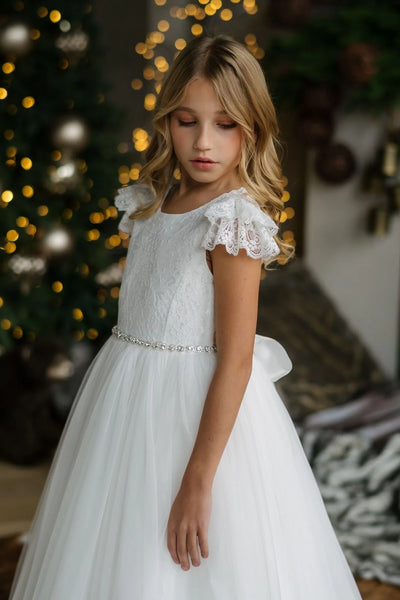 Girls Off-White Lace Communion Dress with Beaded Waist & Bow Back