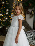 Girls Off-White Lace Communion Dress with Beaded Waist & Bow Back