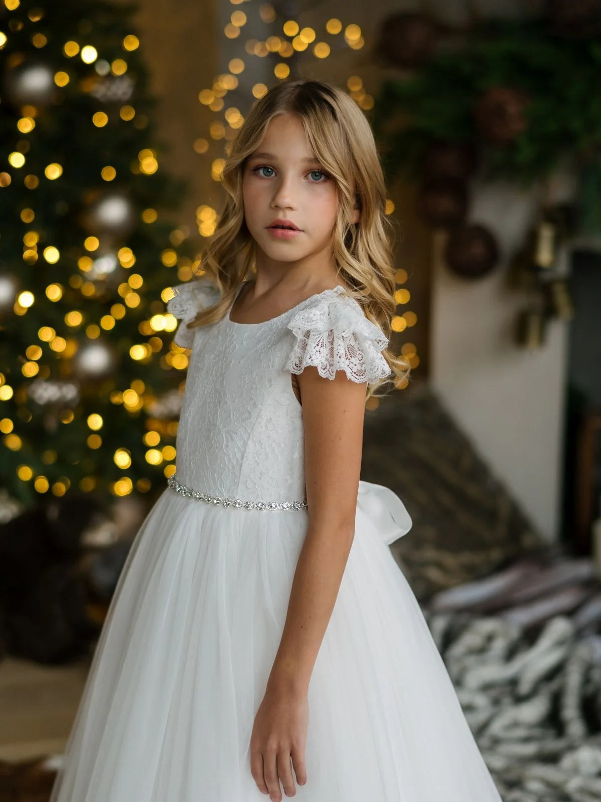 knee length dresses for ladies Girls Off-White Lace Communion Dress with Beaded Waist & Bow Back Off White / 7.5