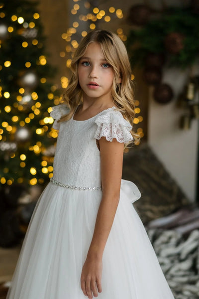 Girls Off-White Lace Communion Dress with Beaded Waist & Bow Back Off White / 7.5