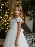 Girls Off-White Lace Communion Dress with Beaded Waist & Bow Back