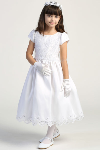 Girls Tea Length 1st Communion Flower Girl Dress With Embroidered Lace Bodice