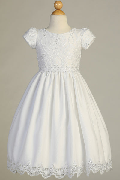Girls Tea Length 1st Communion Flower Girl Dress With Embroidered Lace Bodice