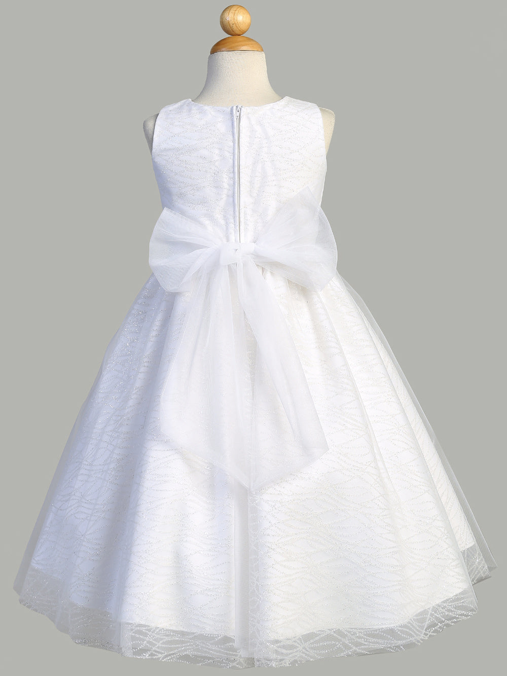 Girls White Glitter Tulle Flower Girl First Communion Tea Length Dress 