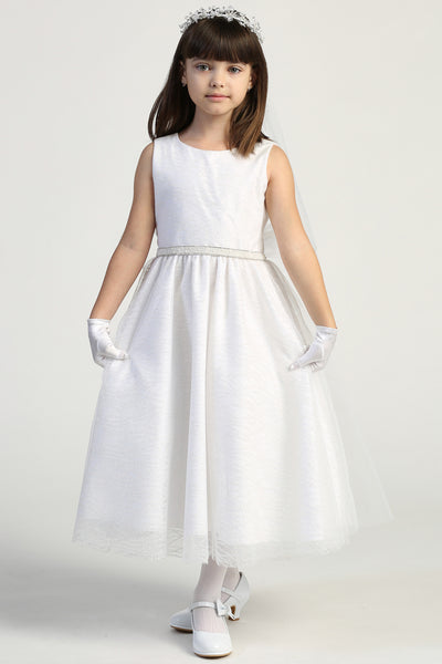 Girls White Glitter Tulle Flower Girl First Communion Tea Length Dress 