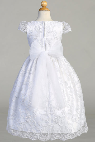 Girls Embroidered Lace 1st Communion Dress Tea Length Flower Girl Dress