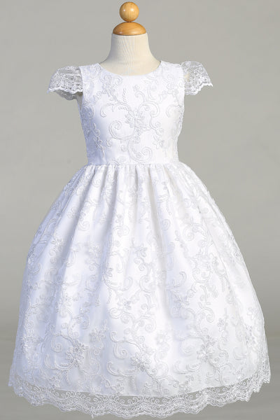 Girls Embroidered Lace 1st Communion Dress Tea Length Flower Girl Dress