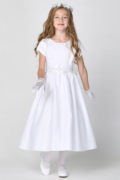 First Communion Flower Girl White Tea Length Dress With Beaded Lace 