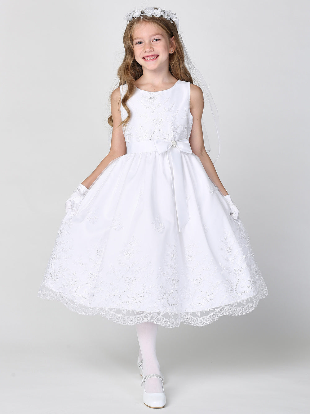 First Communion Flower Girl White Dress With Embroidered Sequin Lace 