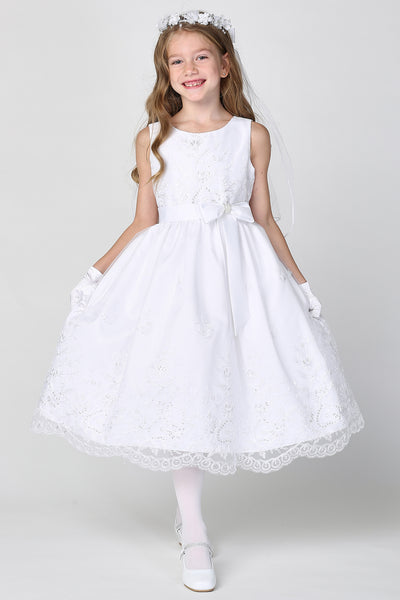 First Communion Flower Girl White Dress With Embroidered Sequin Lace 