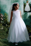 White Illusion Neckline Lace Communion Dress for Girls