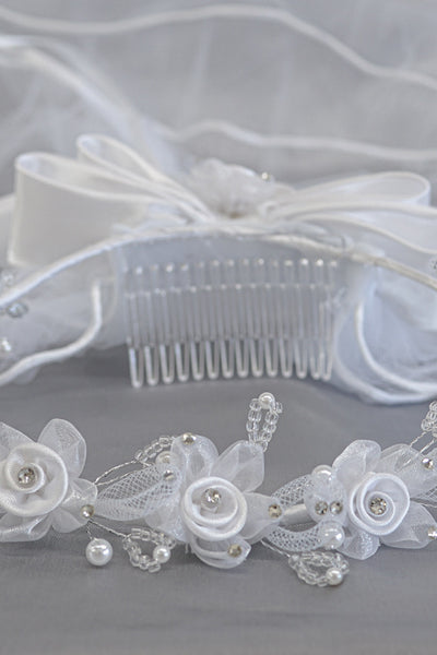 Emma Kids 1st Communion Veil – 24" Satin Rose & Rhinestones