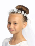 Justine Kids Communion Veil – 24" Organza Flowers & Pearls