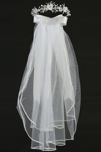 Justine Kids Communion Veil – 24" Organza Flowers & Pearls