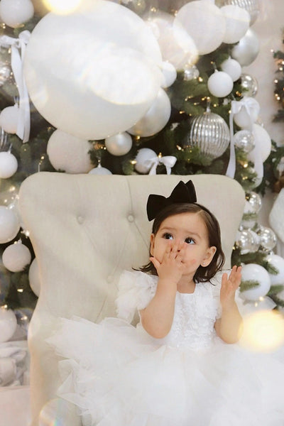 Couture Christening Short Lace Dress with Ruffled Tulle Sleeves