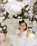 Couture Christening Short Lace Dress with Ruffled Tulle Sleeves