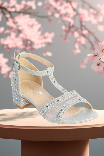 Girls Glitter Block Heel Dress Sandals – Rose Gold, Silver, or White