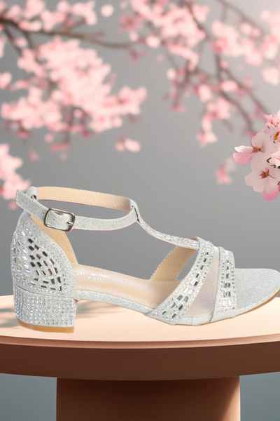Girls Glitter Block Heel Dress Sandals – Rose Gold, Silver, or White