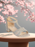 Girls Glitter Block Heel Dress Sandals – Rose Gold, Silver, or White