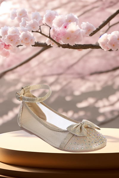 Girls Mesh Ankle Bow Flats - Silver or Rose Gold