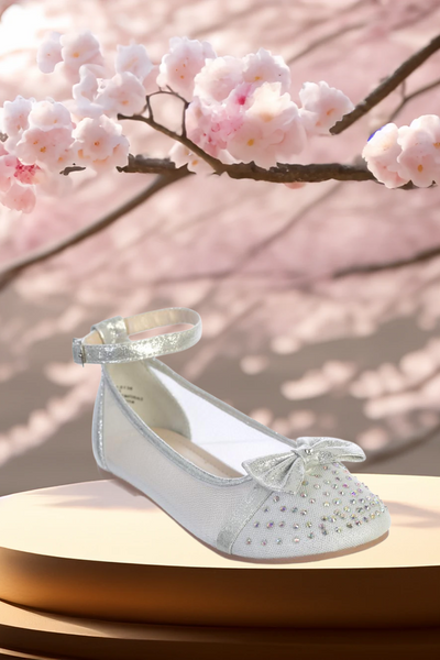 Girls Mesh Ankle Bow Flats - Silver or Rose Gold