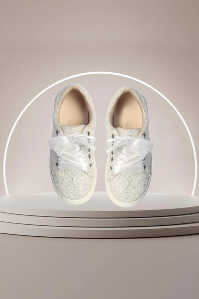 Girls White Glitter Sneakers with Satin Ribbon Laces