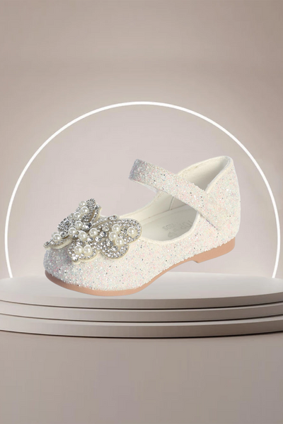 Girls Glitter Butterfly Flats with Pearls - White or Pink | Sizes 1-8