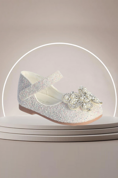 Girls Glitter Butterfly Flats with Pearls - White or Pink | Sizes 1-8