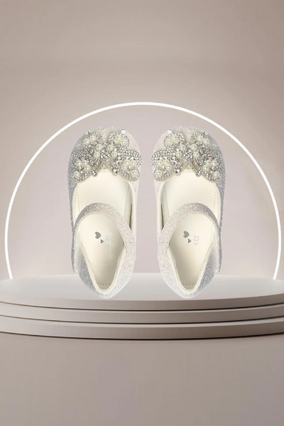 Girls Glitter Butterfly Flats with Pearls - White or Pink | Sizes 1-8
