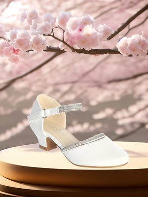 White Girls' Rhinestone Strap Dress Shoes – Low Heel