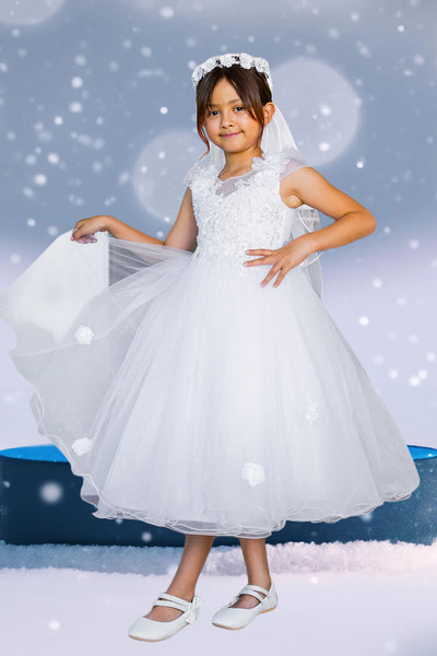 Nayeli White Tea-Length Dress for Communion & Flower Girls