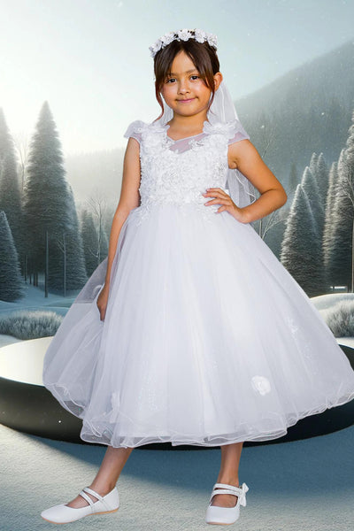 Nayeli White Tea-Length Dress for Communion & Flower Girls
