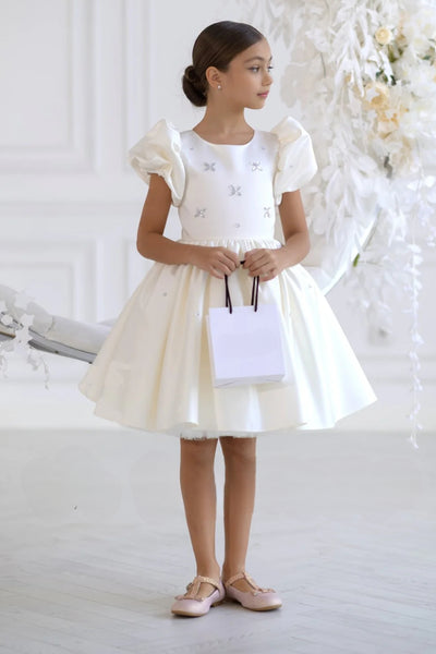 Arabella Luxe Bow Dress - Ivory Puff Sleeve Special Occasion
