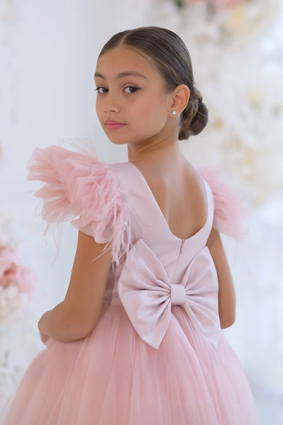Evangelina Feather Blossom Dress – Blush Couture Girls’ Special Occasion Gown