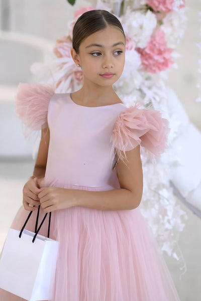 Evangelina Feather Blossom Dress – Blush Couture Girls’ Special Occasion Gown