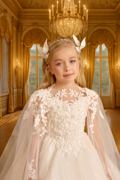 Embroidered Cape Communion Dress | Pentelei Couture Gown