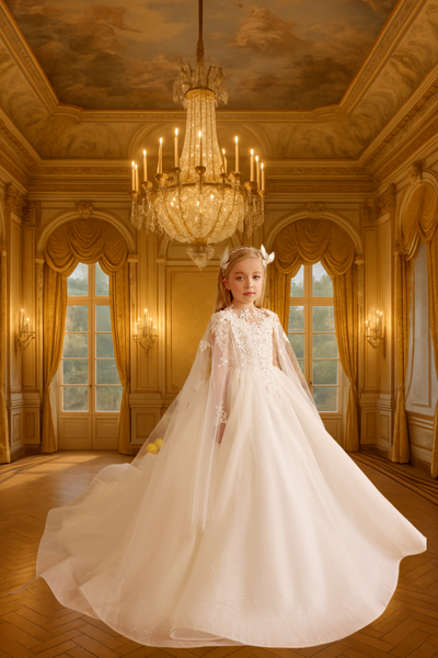 Embroidered Cape Communion Dress | Pentelei Couture Gown