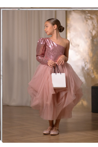 Rosalia Girls Dress - Sequined Asymmetric Gown with Tulle Skirt