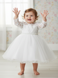 Baby Lace Pearl Dress – White Flower Girl 6-24M