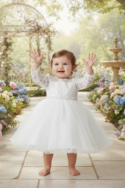 Baby Lace Pearl Dress – White Flower Girl 6-24M