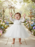 Baby Lace Pearl Dress – White Flower Girl 6-24M