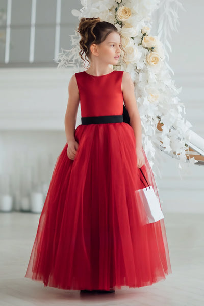 Carmella Rouge Gown - Red Satin & Tulle Girls Special Occasion Dress with Bow