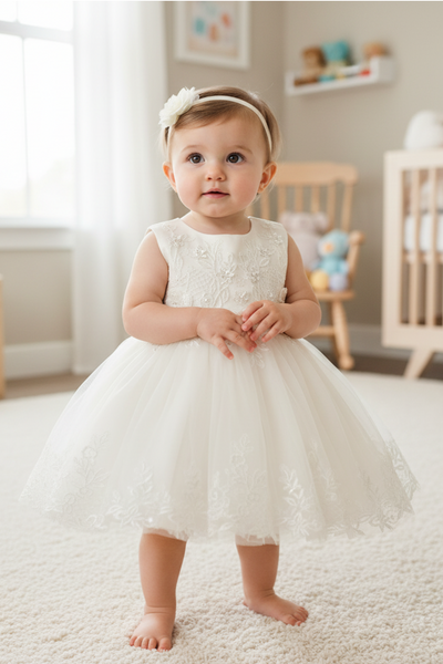 Baby Christening Lace Dress – Pearl Detail